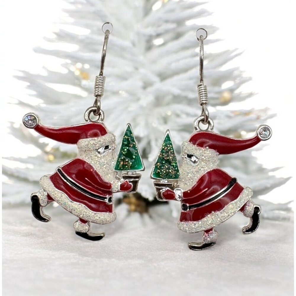 Santa Claus Christmas Dangle Earrings Silver Tone Green Tree and Glitter Accents